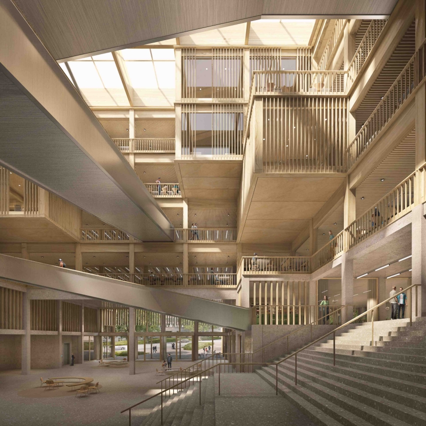 Das Foyer ist offen und hell. Die Stege und Br&uuml;cken erm&ouml;glichen direkte Wege, ohne einzuengen.